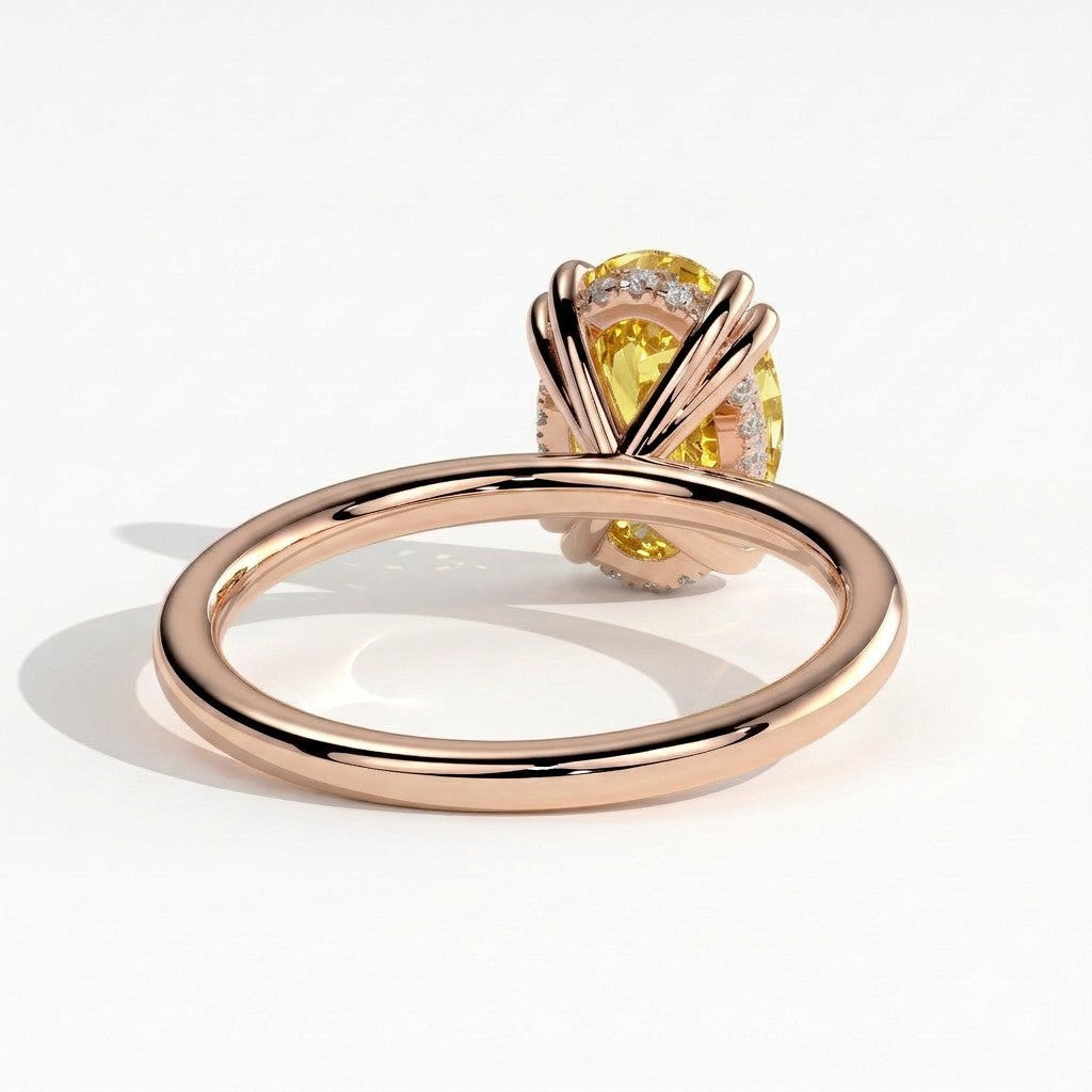 Fancy Vivid Yellow oval lab-grown diamond double claw engagement ring with hidden halo in 18K (750) rose gold, back view 