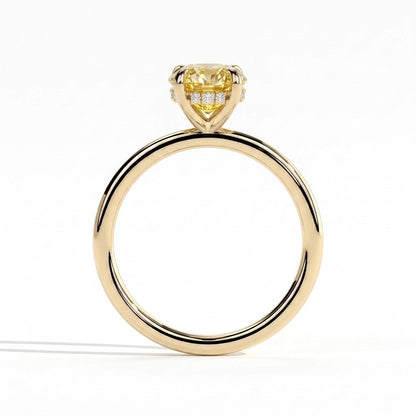 Fancy Vivid Yellow oval lab-grown diamond double claw engagement ring with hidden halo in 18K (750) yellow gold, side profile showing the hidden halo 
