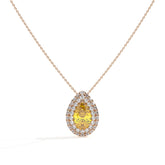 Solène Doppel-Halo-Halskette mit gelbem Labordiamanten im Tropfenschliff aus 585 Roségold, Vorderansicht 