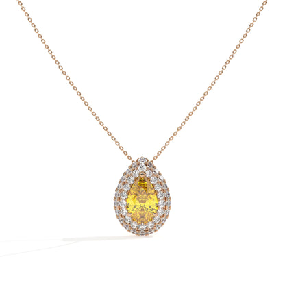 Solène Doppel-Halo-Halskette mit gelbem Labordiamanten im Tropfenschliff aus 585 Roségold, Vorderansicht 