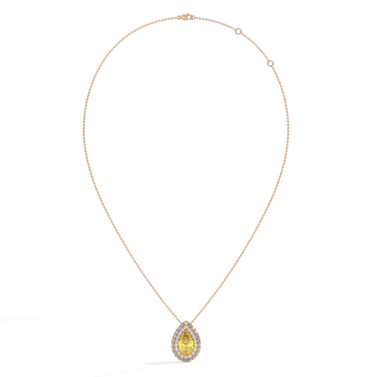 Solène Doppel-Halo-Halskette mit gelbem Labordiamanten im Tropfenschliff aus 585 Roségold, Ansicht der ganzen Kette 