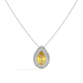 Solène Doppel-Halo-Halskette mit gelbem Labordiamanten im Tropfenschliff aus 585 Weißgold, Vorderansicht 