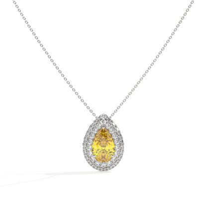 Solène Doppel-Halo-Halskette mit gelbem Labordiamanten im Tropfenschliff aus 585 Weißgold, Vorderansicht 