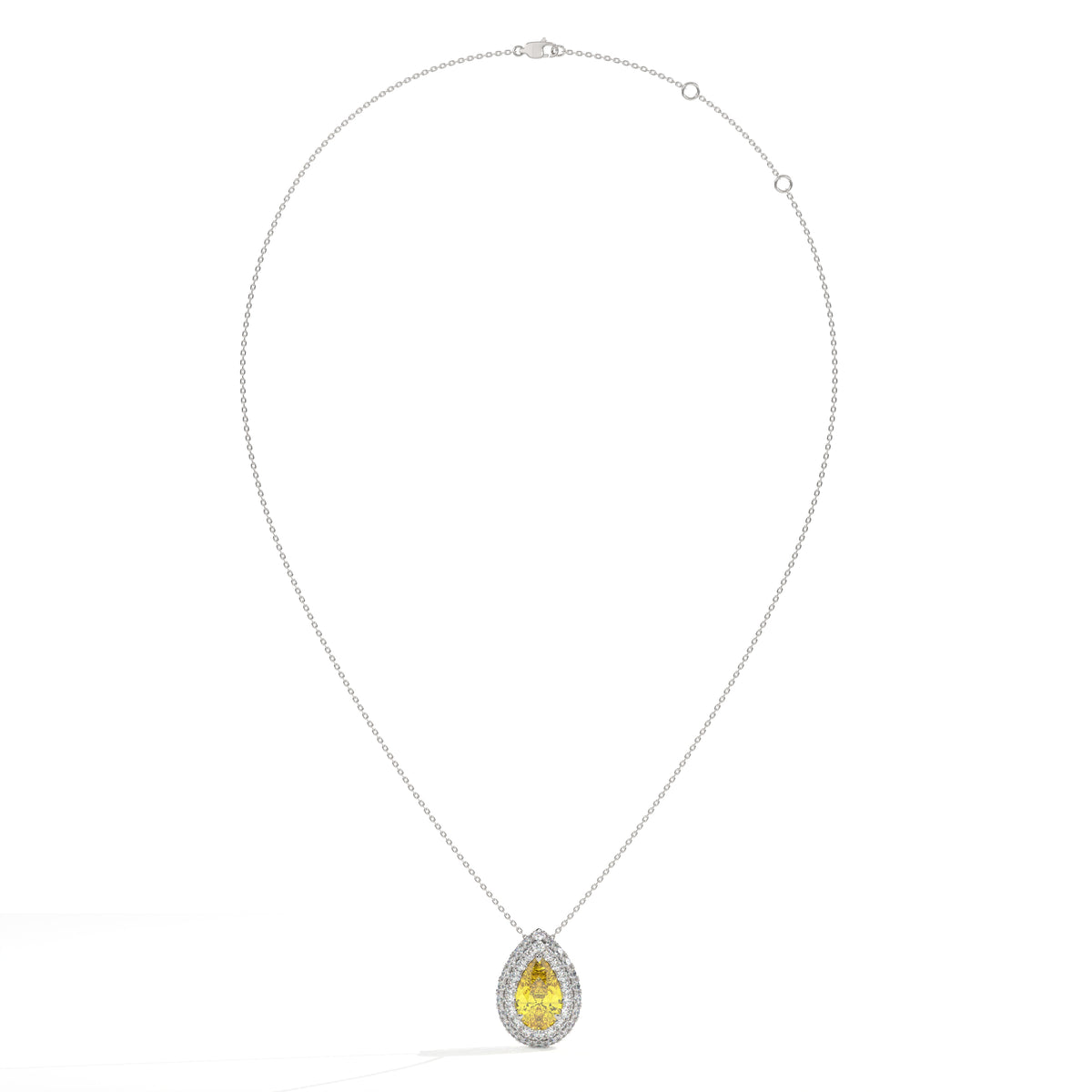 Solène Doppel-Halo-Halskette mit gelbem Labordiamanten im Tropfenschliff aus 585 Weißgold, Ansicht der ganzen Kette 