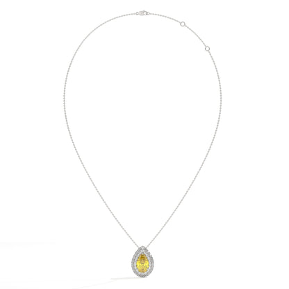 Solène Doppel-Halo-Halskette mit gelbem Labordiamanten im Tropfenschliff aus 585 Weißgold, Ansicht der ganzen Kette 