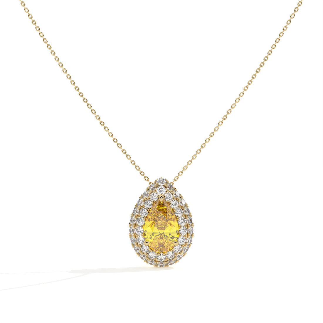 Solène yellow pear lab-grown diamond double halo pendant necklace in 14K (585) yellow gold, front view 