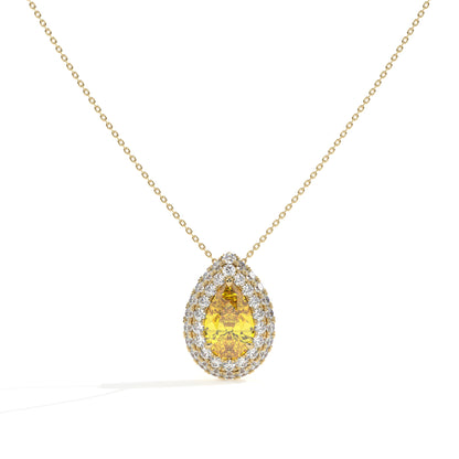 Solène Doppel-Halo-Halskette mit gelbem Labordiamanten im Tropfenschliff aus 585 Gelbgold, Vorderansicht 