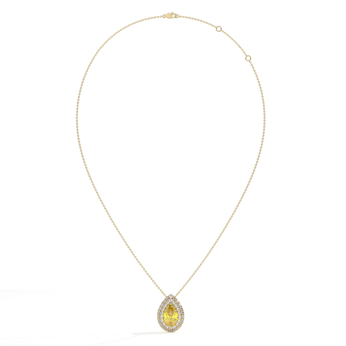 Solène Doppel-Halo-Halskette mit gelbem Labordiamanten im Tropfenschliff aus 585 Gelbgold, Ansicht der ganzen Kette 