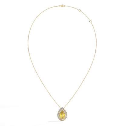 Solène Doppel-Halo-Halskette mit gelbem Labordiamanten im Tropfenschliff aus 585 Gelbgold, Ansicht der ganzen Kette 