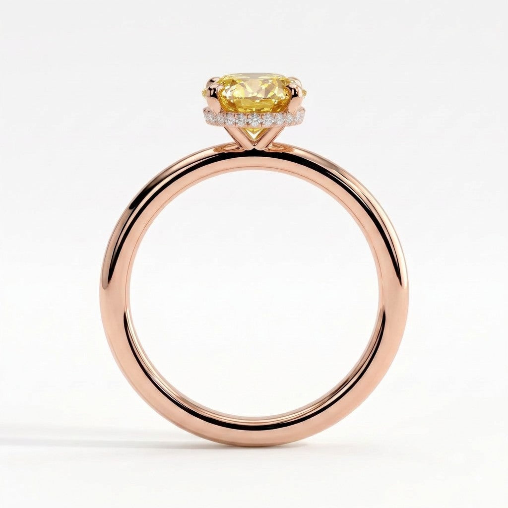 Fancy Vivid Yellow oval lab-grown diamond engagement ring with wrap-around hidden halo in 18K (750) rose gold, side profile showing the hidden halo 