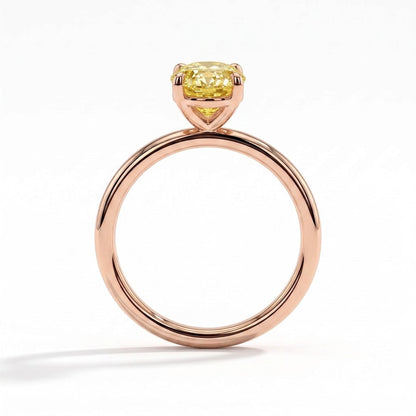Fancy Vivid Yellow oval lab-grown diamond solitaire engagement ring in 14K (585) rose gold, side profile 