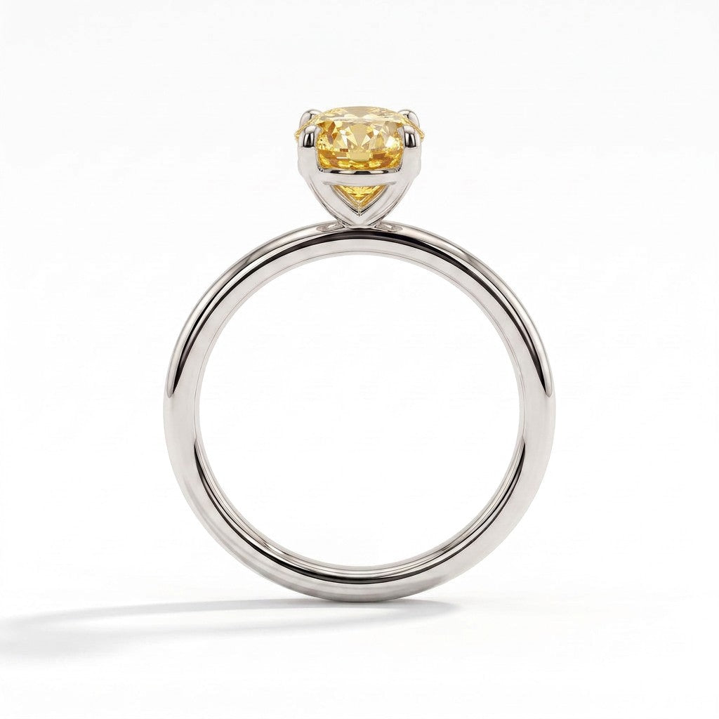 Fancy Vivid Yellow oval lab-grown diamond solitaire engagement ring in 14K (585) white gold, side profile 