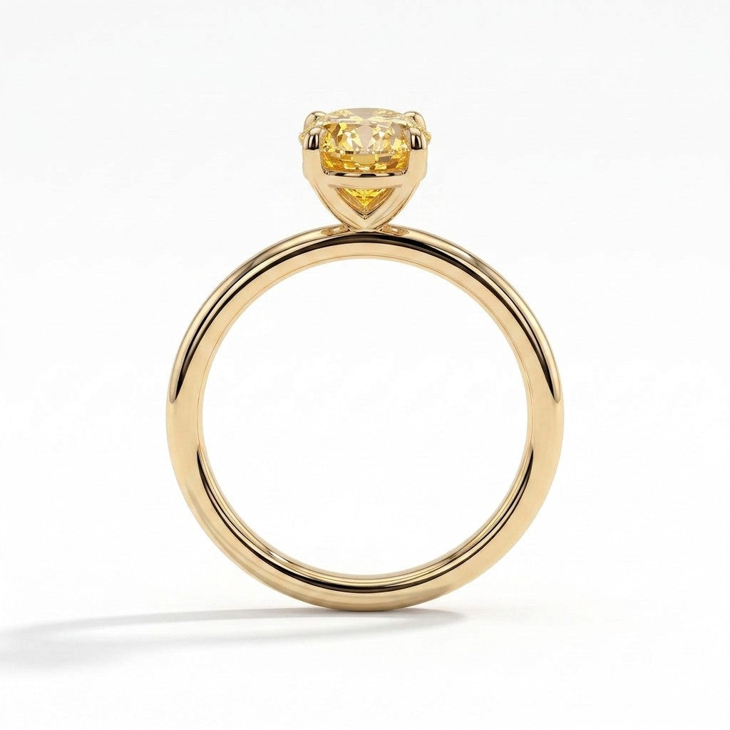 Fancy Vivid Yellow oval lab-grown diamond solitaire engagement ring in 14K (585) yellow gold, side profile 