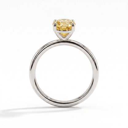 Fancy Vivid Yellow oval lab-grown diamond solitaire engagement ring in 18K (750) white gold, side profile 