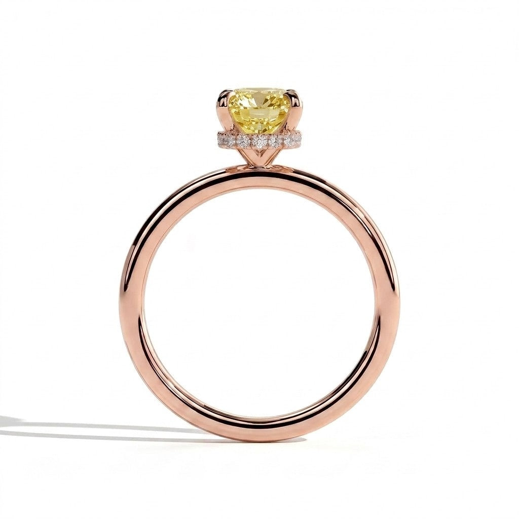 Fancy Vivid Yellow elongated cushion lab-grown diamond engagement ring with wrap-around hidden halo in 14K (585) rose gold, side profile showing the hidden halo 
