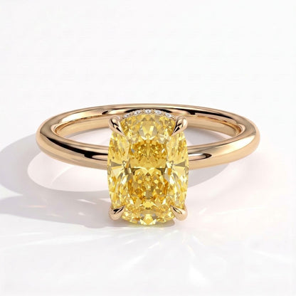 Fancy Vivid Yellow elongated cushion lab-grown diamond engagement ring with wrap-around hidden halo in 14K (585) yellow gold, front view 