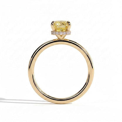 Fancy Vivid Yellow elongated cushion lab-grown diamond engagement ring with wrap-around hidden halo in 14K (585) yellow gold, side profile showing the hidden halo 
