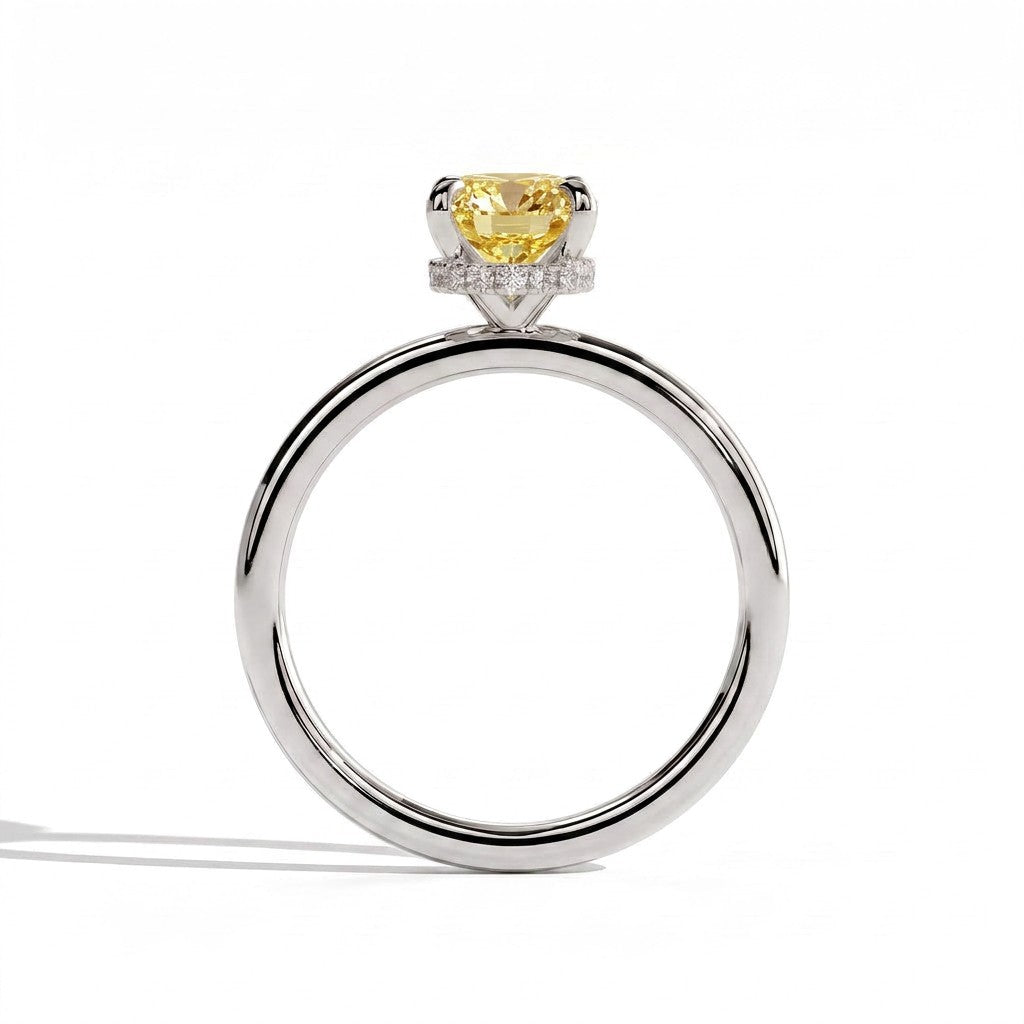 Fancy Vivid Yellow elongated cushion lab-grown diamond engagement ring with wrap-around hidden halo in 18K (750) white gold, side profile showing the hidden halo 