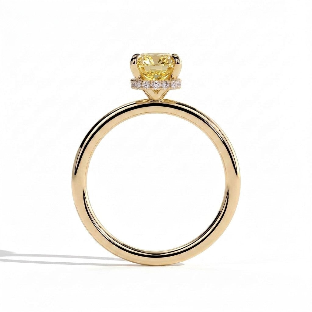 Fancy Vivid Yellow elongated cushion lab-grown diamond engagement ring with wrap-around hidden halo in 18K (750) yellow gold, side profile showing the hidden halo 