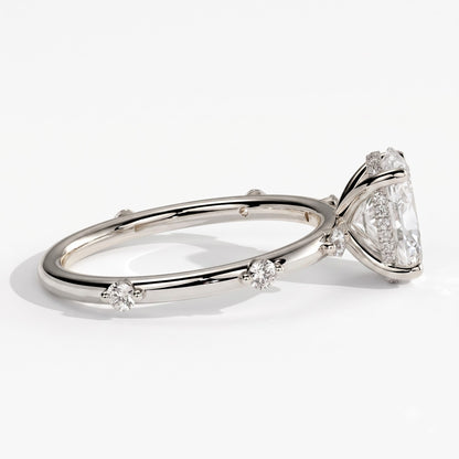 Oval lab-grown diamond halo engagement ring in 18K (750) white gold, detail view 