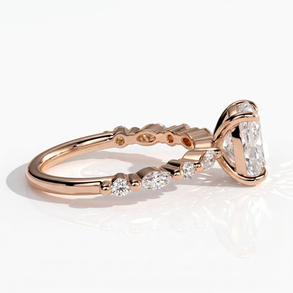 Elongated Cushion lab-grown diamond halo engagement ring in 14K (585) rose gold, detail view 