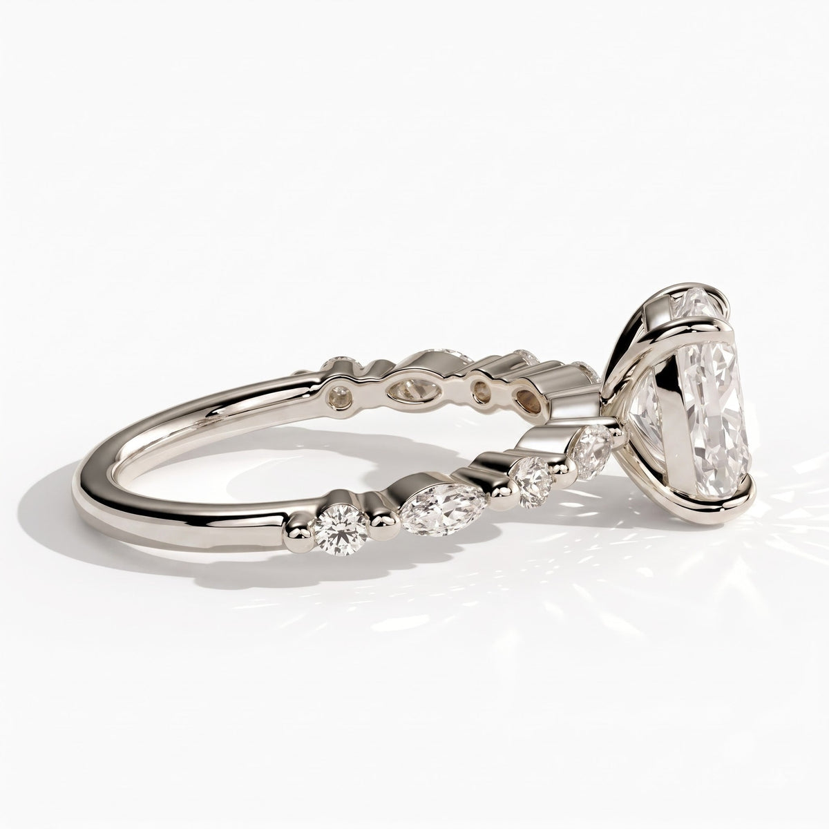 Elongated Cushion lab-grown diamond halo engagement ring in 18K (750) white gold, detail view 