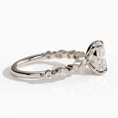 Elongated Cushion lab-grown diamond halo engagement ring in 18K (750) white gold, detail view 