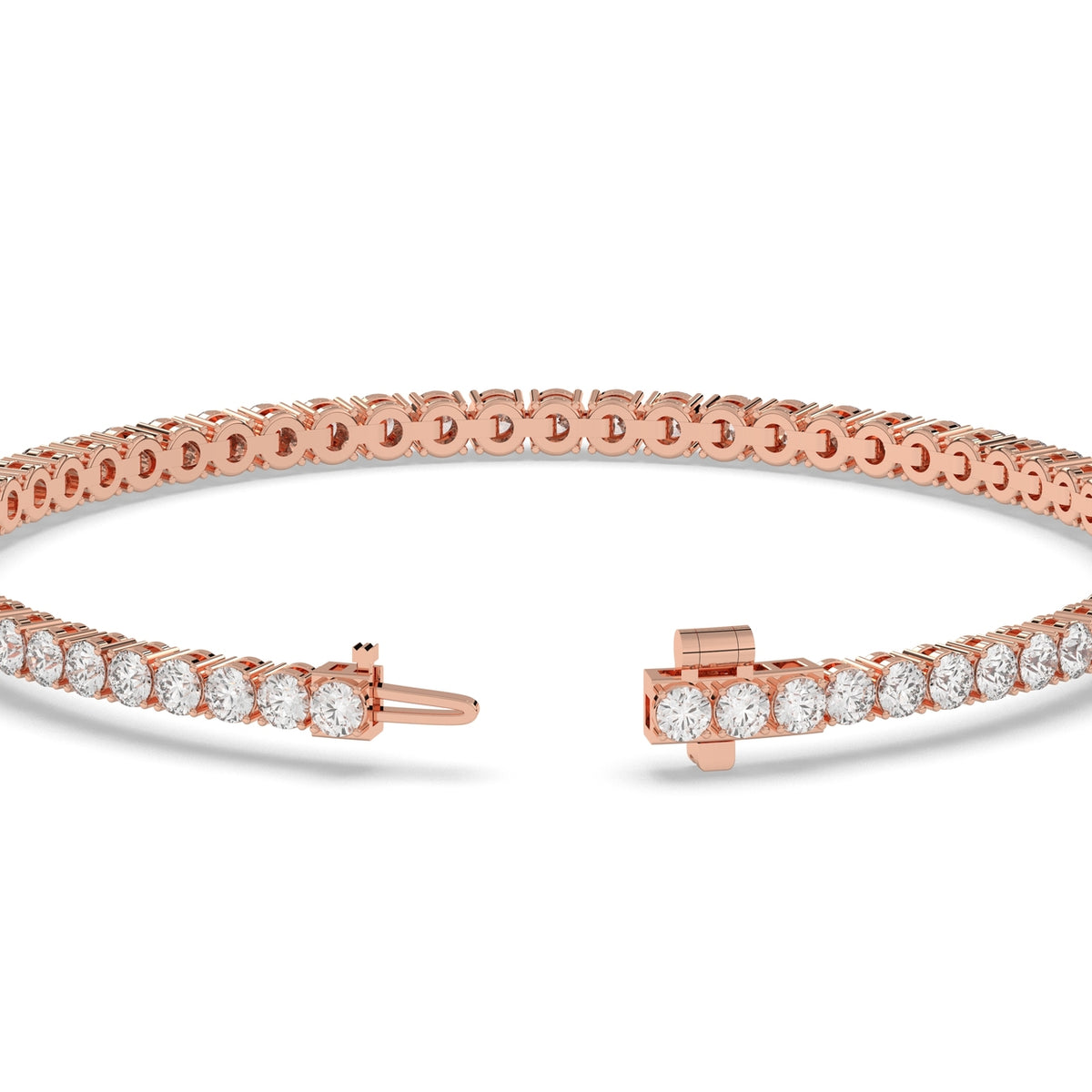 Wiebke round lab-grown diamond tennis bracelet in 14K (585) rose gold, clasp open, detail view 